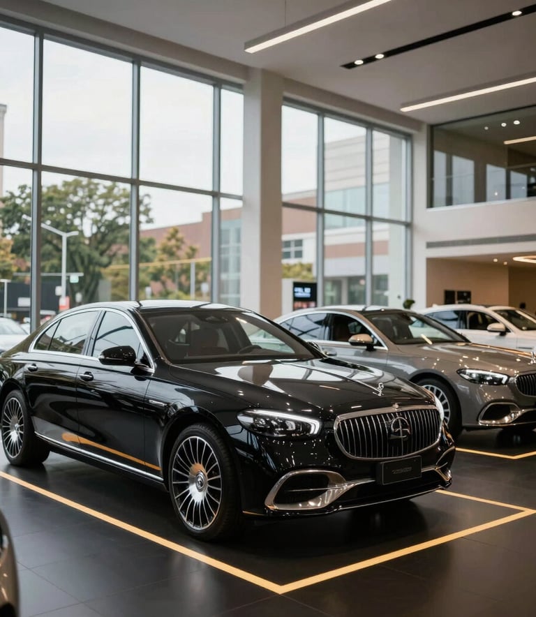 Luxury car dealership showroom in a North American urban center, featuring floor-to-ceiling windows, high-end sedans, and polished black floors with gold lighting accents. The style is modern and high-trust.