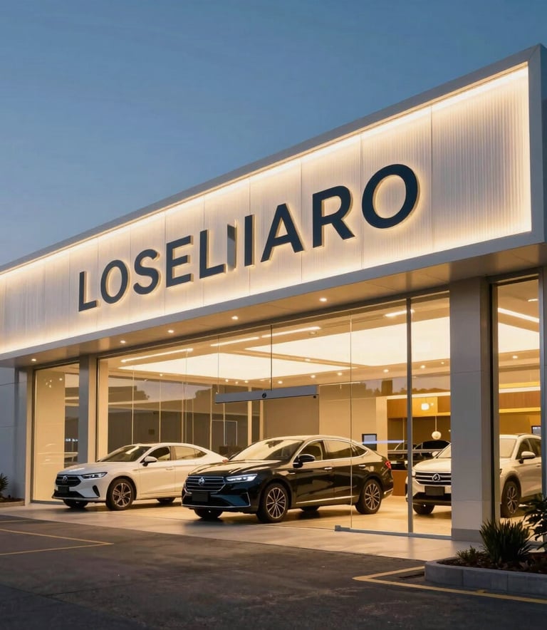 The exterior of a modern, upscale North American &amp;amp;amp;#x2F; US automotive dealership at twilight, glowing with warm white and gold lighting, featuring a clean architectural design and reflecting luxury.