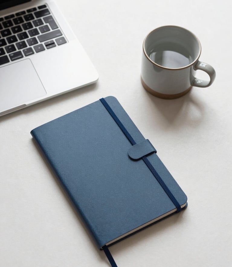 A top-down view of a minimalist desk with a laptop, a Slate Blue notebook, and a ceramic mug on a Snowy Off-White surface.