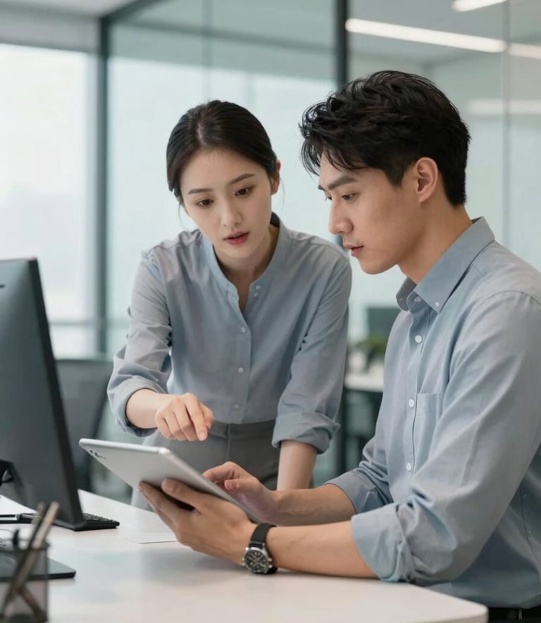 A professional workspace where two people in Soft Blue Grey attire are discussing a project over a tablet in a bright, modern glass-walled office.