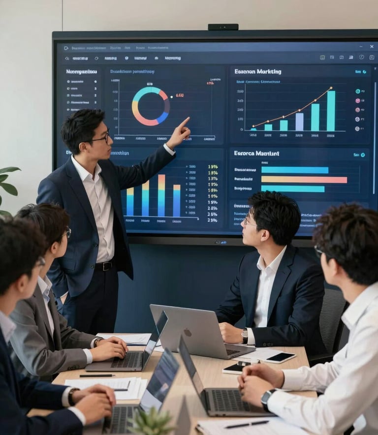 A professional European / Italian Chinese business setting where a team is analyzing a digital marketing dashboard on a large screen in a modern office with deep navy and cream decor. The atmosphere is authoritative and tech-focused, showing professional engagement.