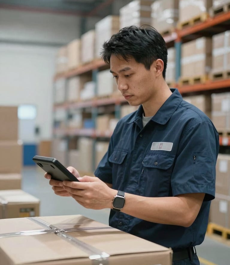 A professional employee in a logistics uniform inspecting a shipment with a digital device. The background is a clean, organized distribution center with soft sky and steel blue lighting.