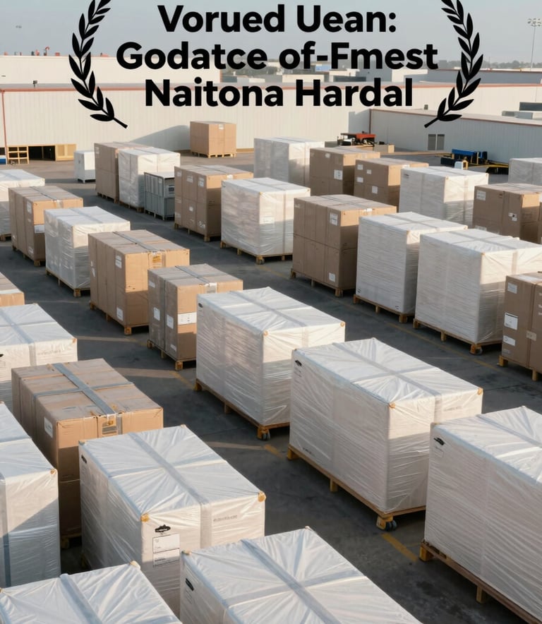 A high-angle photograph of a clean, organized logistics hub in the United States, showing packages ready for export. The scene includes hints of soft sky blue and cool off-white shipping materials, creating a sense of global connectivity and order.