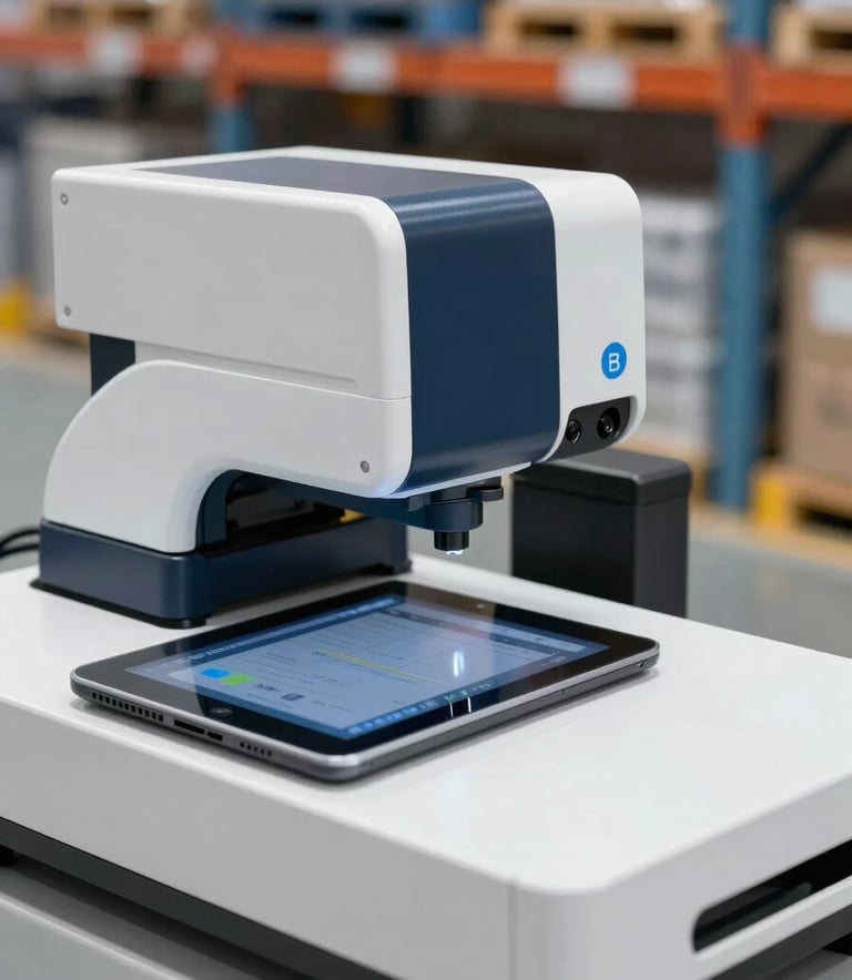 A close-up of a high-tech logistics scanner and digital tablet in a clean warehouse environment. The lighting is bright and professional, featuring accents of mist white and deep navy on the equipment.