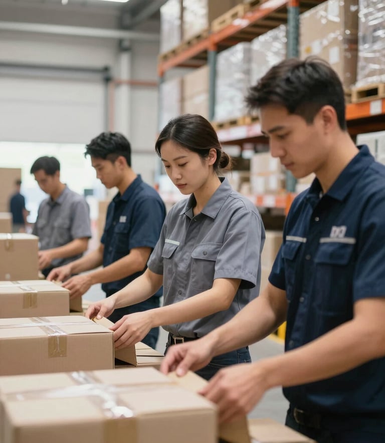 A professional team of logistics workers in a bright, modern warehouse, wearing professional uniforms in muted slate blue and dark navy, focused on organizing packages for international shipping. The lighting is bright and clean, emphasizing modern efficiency.