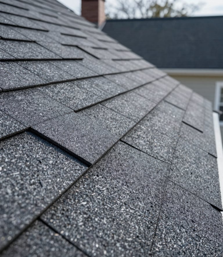 A close-up photograph of high-grade, wind-resistant roofing shingles being installed on a North American / US - New York City home. The lighting is bright and professional, highlighting the texture of the durable materials. The palette features storm gray and dark navy tones.