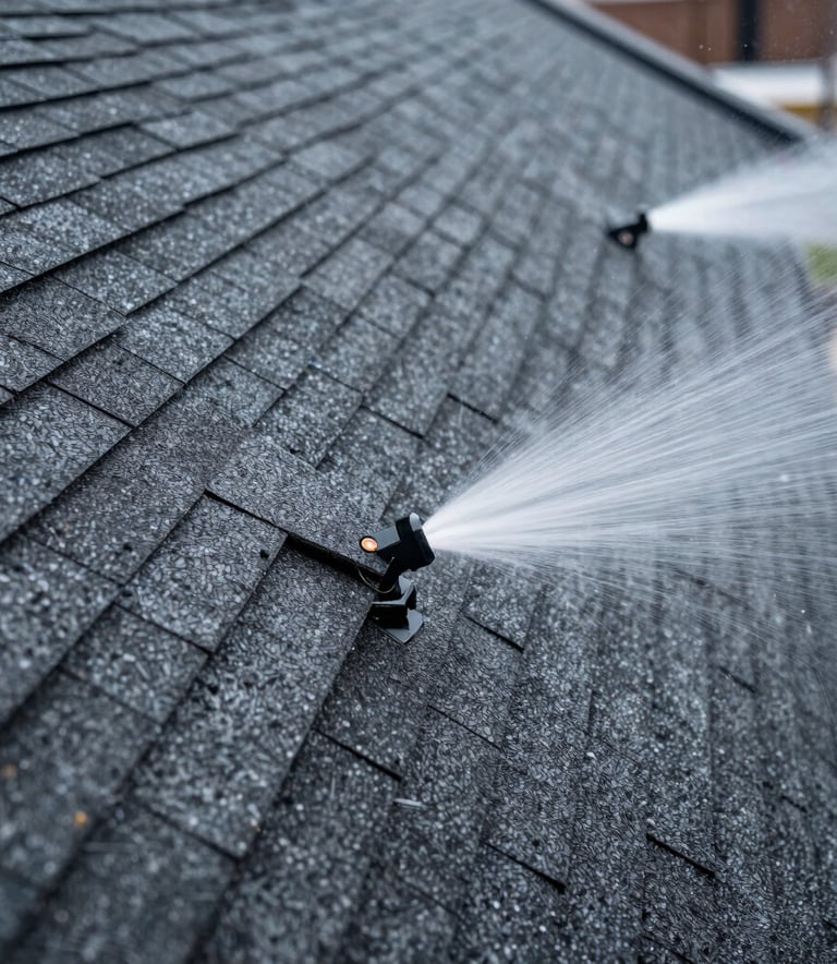 Close-up photography of reinforced roofing layers and heavy-duty storm shingles being tested against water jets. The colors are dark navy and storm gray, emphasizing strength and durability, North American / US - New York City.