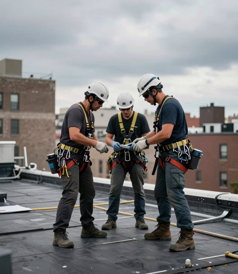 A professional roofing crew wearing safety harnesses and helmets inspecting a flat roof of a New York City residential building under a gray, overcast sky. The atmosphere is professional and urgent, North American / US - New York City.