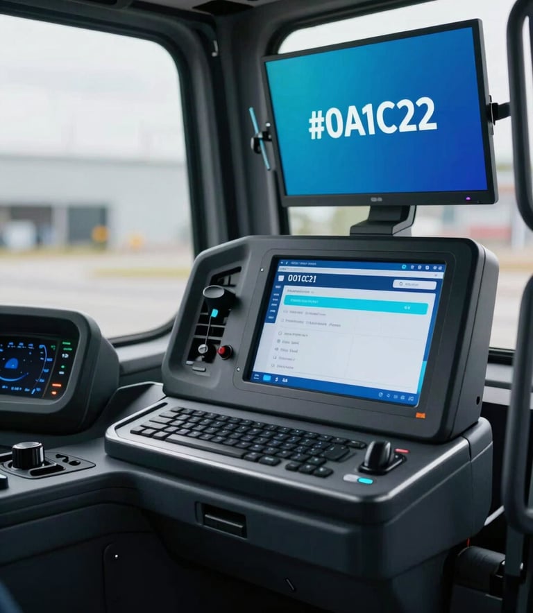 A modern semi-truck cabin with a dispatcher's dashboard visible, daytime lighting, professional atmosphere, featuring #0A1C2B and #8DAEC2 accents in the vehicle design, clean composition.