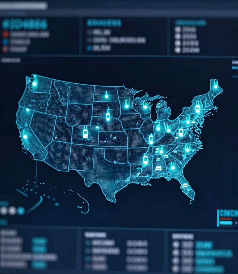 A high-tech digital interface showing a map of the United States with glowing pulse points representing tracked vehicles, professional and secure aesthetic, incorporating #2D4B6C and #8DAEC2 color tones, sharp focus.
