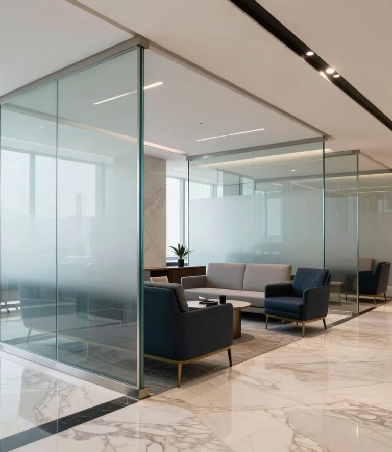 Luxury real estate office interior in Ajman, UAE, featuring modern glass partitions, polished marble floors, and elegant furniture in shades of light grey-blue and dark navy. The space looks sophisticated and professional. Middle Eastern / Gulf setting.