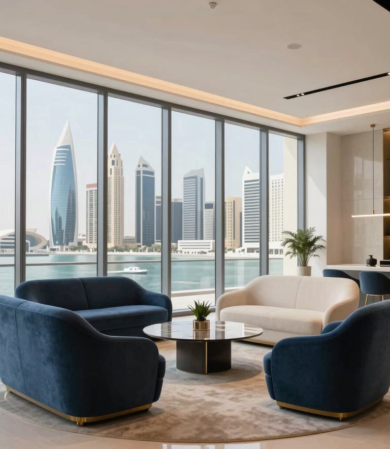 A wide-angle interior photograph of a luxury real estate showroom in Ajman, UAE, featuring contemporary furniture in medium blue and off-white. The space has floor-to-ceiling windows overlooking a modern Gulf cityscape during a clear day, reflecting a sophisticated atmosphere.