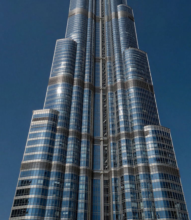 A high-contrast architectural photograph of a modern skyscraper in the UAE against a deep blue sky. The building's glass facade reflects the sophisticated urban environment of the Gulf.