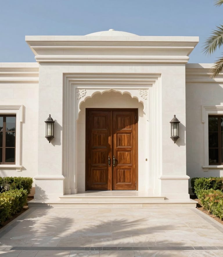 A stunning luxury villa entrance in the UAE, featuring white stone walls, a dark wooden door, and manicured desert landscaping. Bright daylight, high-contrast shadows, clean and prestigious Middle Eastern / Gulf aesthetic.