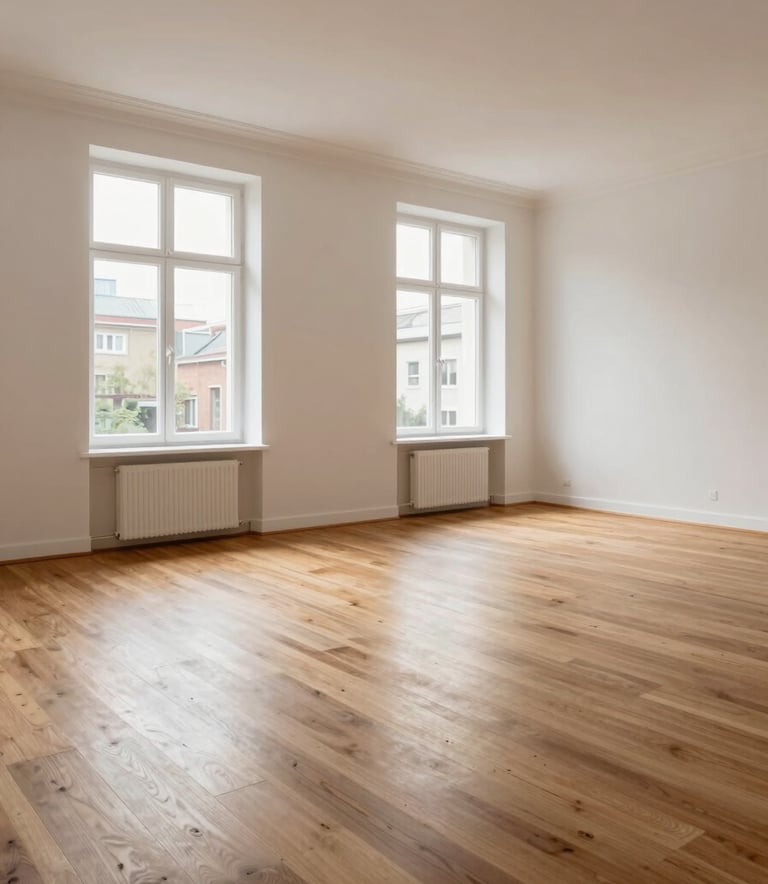 A bright, airy interior of a modern residential property in Berlin. The space is unfurnished, showing polished wooden floors and large windows. The lighting is natural, and the walls are a soft off-white, emphasizing efficient and clean property care.