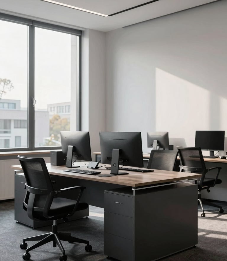 A professional and clean perspective of a modern office interior in Berlin, featuring high-quality materials. Soft morning light enters through large windows. The color palette includes deep charcoal furniture and mist white walls, reflecting a mood of unwavering reliability and modern professionalism.