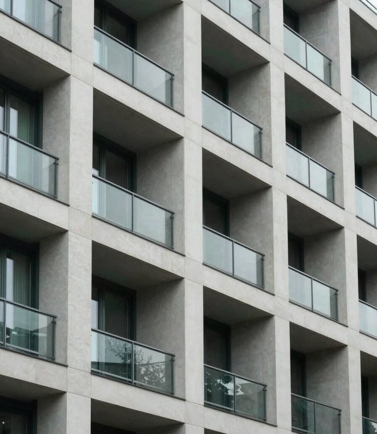 Architectural photography of a contemporary residential building facade in Berlin Mitte. The structure features clean lines and a mix of glass and stone in muted sage and mist white tones. The shot is captured from a low angle to emphasize security and scale.