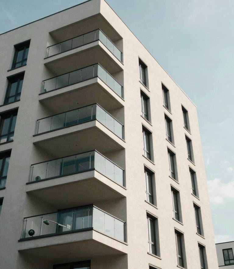 A low-angle shot of a modern apartment building in Berlin under a clear sky. The architecture features clean lines, glass balconies, and a facade in soft off-white and muted sage tones, conveying stability and professional management.