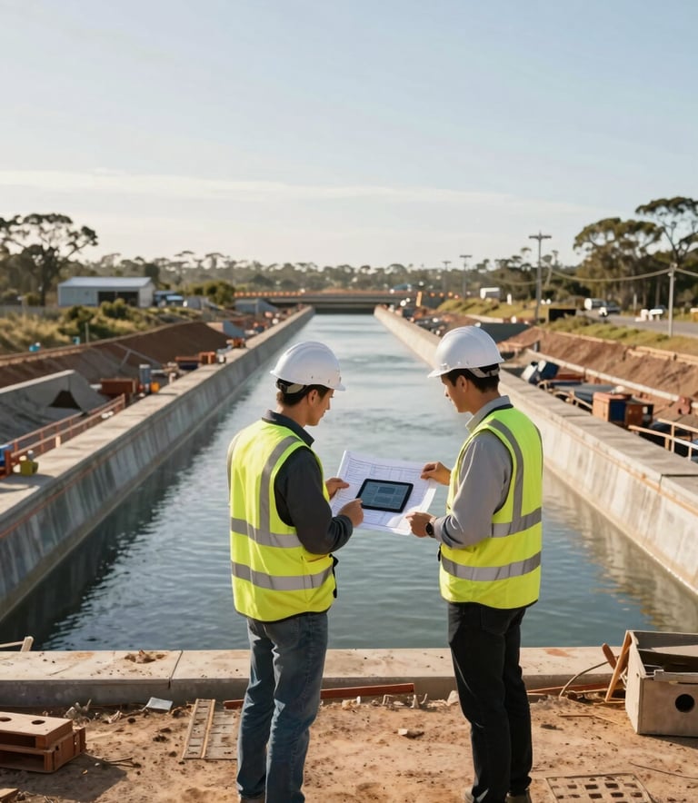 Wide-angle professional photography of a large-scale civil infrastructure project, like a bridge or drainage network, under construction in an Australian / International region. Two professional consultants in high-visibility safety gear are discussing a digital blueprint on a tablet, with a clean and bright morning sky backdrop.
