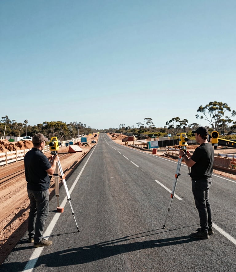 A wide-angle professional photograph of a modern civil engineering project site in an Australian coastal region, showcasing active road construction with surveyors using precision equipment, under a clear bright sky, emphasizing scale and technical accuracy.