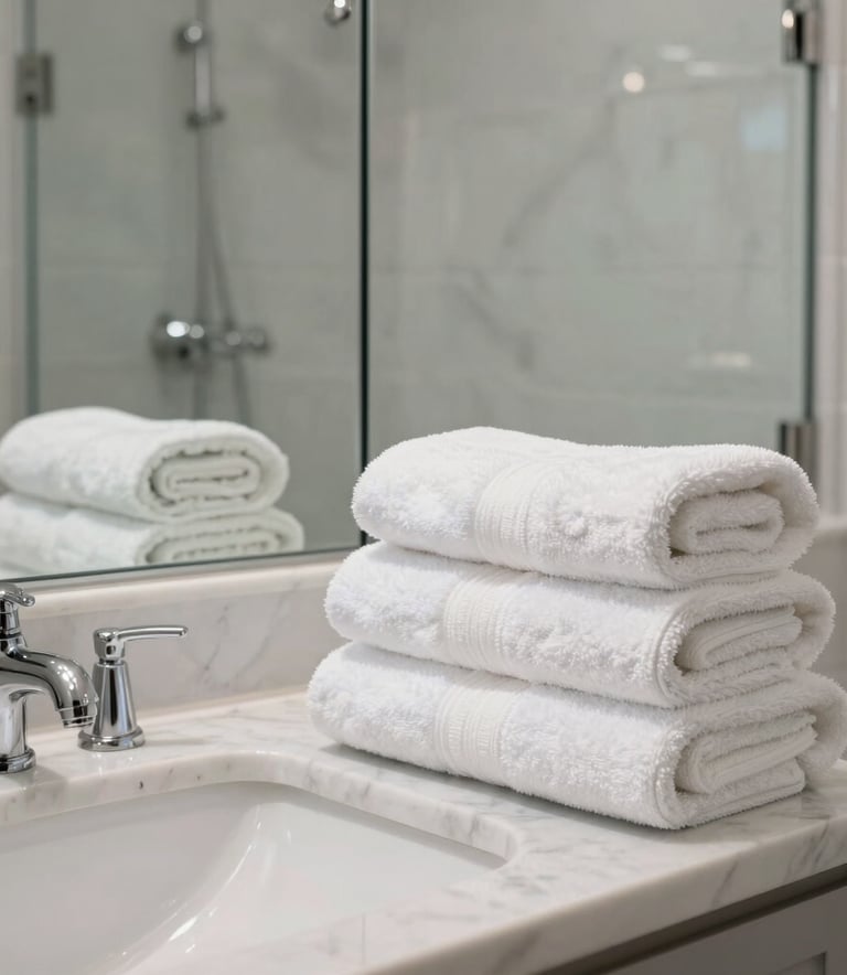 An immaculate, luxurious North American bathroom with spotless white marble, polished chrome faucets, sparkling glass shower doors, and a neat stack of fluffy, fresh-smelling white towels. Soft, airy, bright daylight.