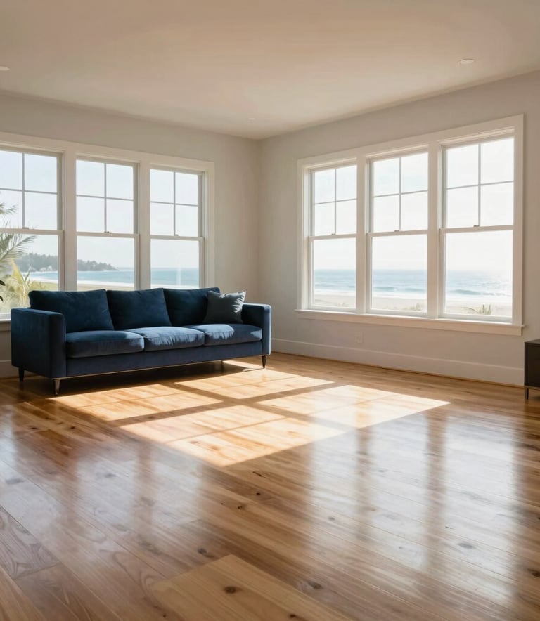 A high-end, bright, sunlit modern North American home living room with pristine, sparkling clean hardwood floors and large windows. Soft coastal morning light. Deep navy and coastal blue accents. Clean, airy atmosphere, professional photography.