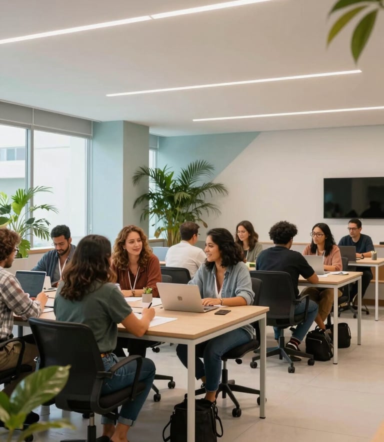 A wide-angle professional photograph of a collaborative workspace in a modern building in Brazil. People are interacting in a supportive and optimistic environment with clean lines, light blue and off-white decor, and lush green plants.