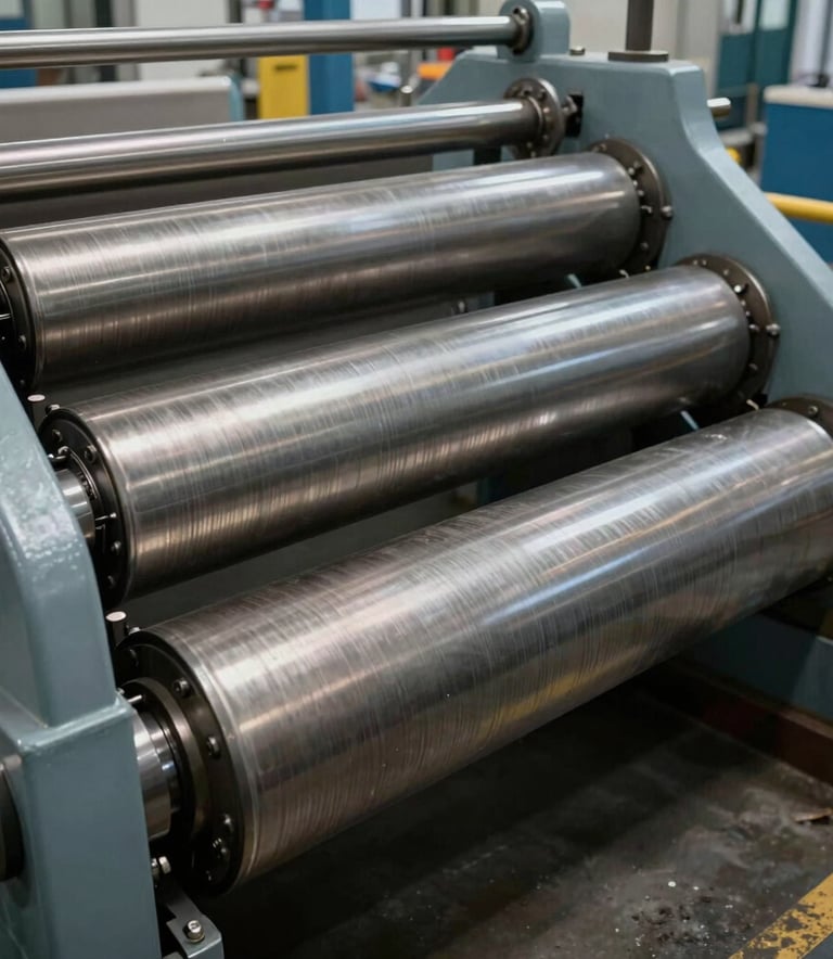 A detailed, technical photograph of a precision-engineered industrial roller for a paper mill, featuring metallic textures and a focus on mechanical reliability, soft lighting, Central European industrial setting.