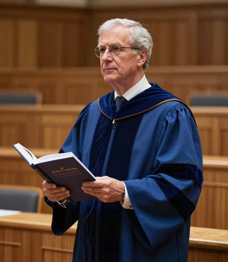 A distinguished International Academic professor standing in a sophisticated, wood-paneled lecture hall, holding a published journal. The atmosphere is professional and prestigious, with soft cinematic lighting. Palette features Deep Ocean Blue and Crisp White tones.