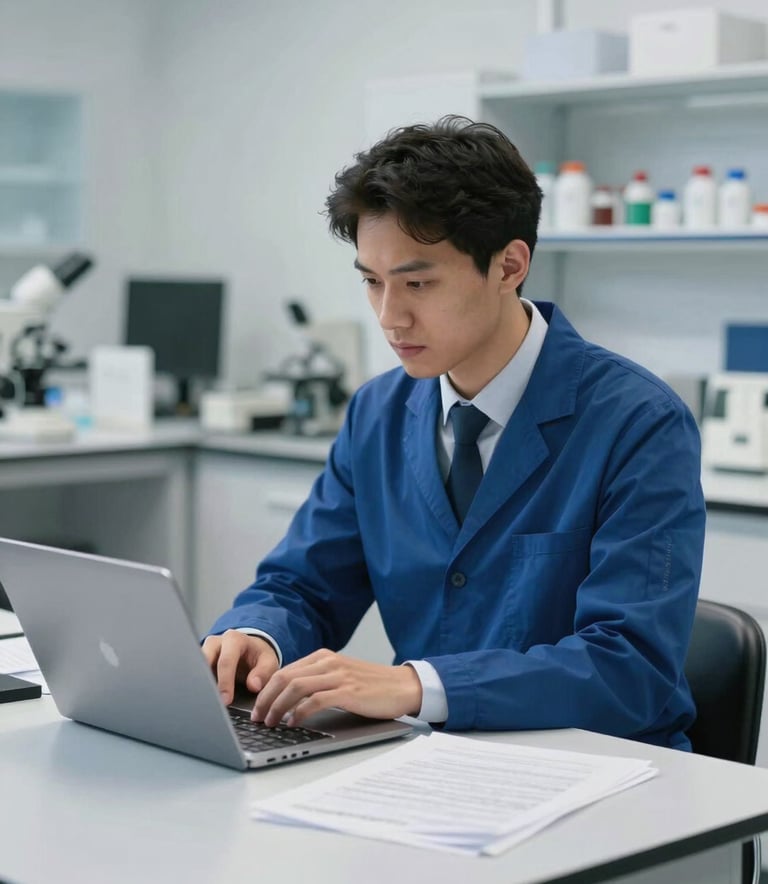 A focused International Academic researcher in professional attire working in a modern, minimalist laboratory. Soft lighting highlights a desk with academic papers and a high-end laptop. The atmosphere is quiet and intellectually focused, featuring a color palette of royal academic blue and pristine white.