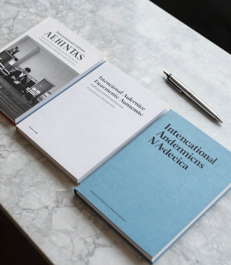 A top-down view of several high-end academic journals neatly arranged on a polished marble desk alongside a silver fountain pen in an International Academic setting. Bright, professional lighting. Palette: Soft Sky Blue and Crisp White.