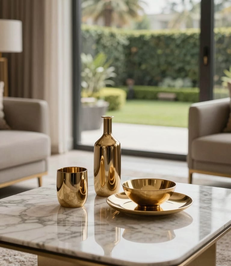 A close-up photograph of a sophisticated interior design in a luxury South Asian / Indian apartment, showing a marble coffee table with high-end decor and a view of a manicured private garden in the background. Soft lighting, warm gold tones.