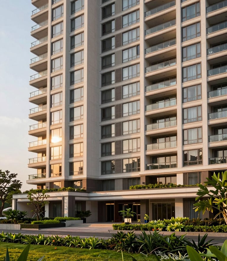 An exterior wide shot of a luxury apartment building in Chennai, Tamil Nadu. The architecture is modern with large balconies and lush green landscaping. The scene is shot during the golden hour, highlighting the sophisticated and trustworthy vibe of the property.