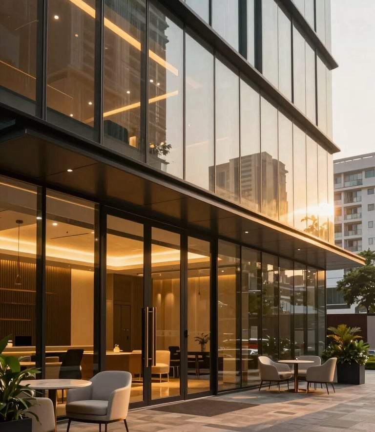 A high-end commercial office space in Chennai with sleek glass walls, modern furniture, and a sophisticated atmosphere. The lighting is warm and golden, reflecting a premium investment opportunity in a South Asian urban setting.