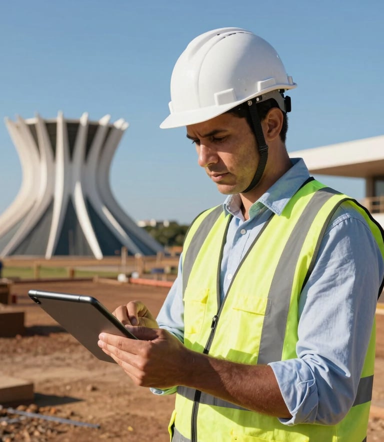 A South American professional geotechnical engineer in a white hard hat and safety vest, holding a digital tablet and inspecting a construction site in Brasilia. The background shows clear blue skies and modern architectural elements. Professional photography with sharp focus and natural sunlight.