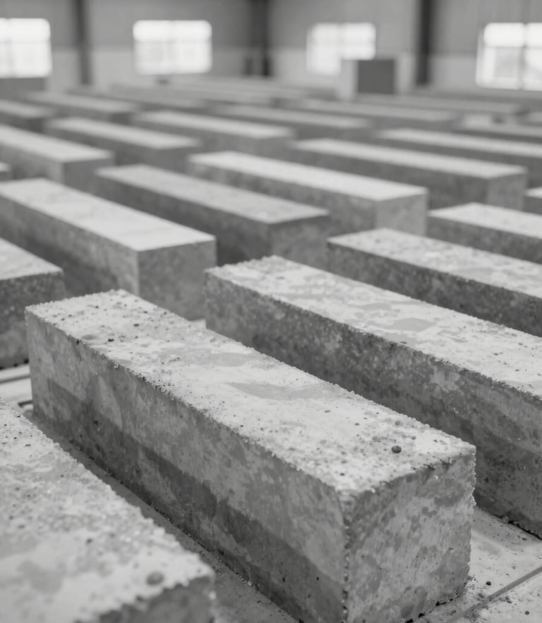 A large-scale production area of the Salomão - Artefatos de Concreto factory. Rows of freshly molded grey concrete blocks are curing in an organized, industrial hall. The lighting is clean and bright, using a palette of #3A3A3C and #F5F5F7.