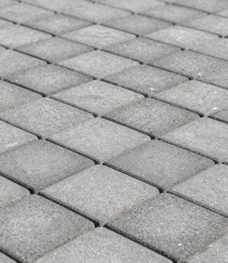 A high-contrast, professional architectural photograph of a paved area using Salomão concrete pavers. The image focuses on the interlocking pattern and the solid texture of the grey pavers #A9A9AE. Natural daylight creates soft shadows, highlighting reliability. Modern and clean aesthetic.