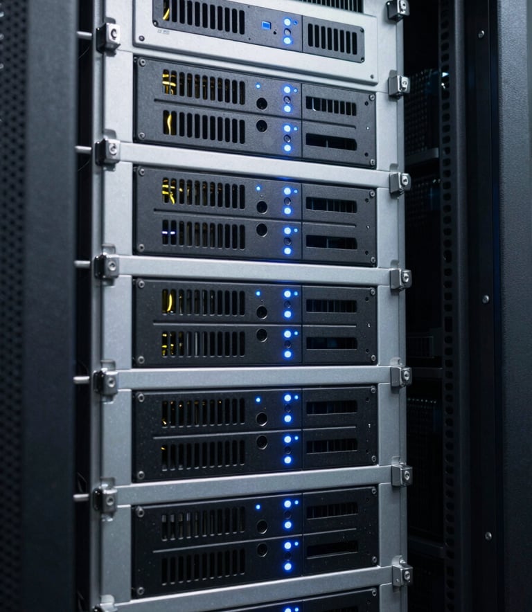 A close-up of a high-end server room in a North American / US data center, illuminated with soft white and steel blue indicator lights on sleek metal hardware.