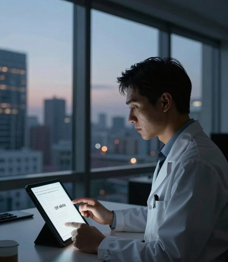 A professional researcher in a modern North American / US office environment, silhouetted against a wall of windows at twilight. The scene is illuminated by the Off-White glow of a tablet screen and the Muted Blue of the city skyline outside.