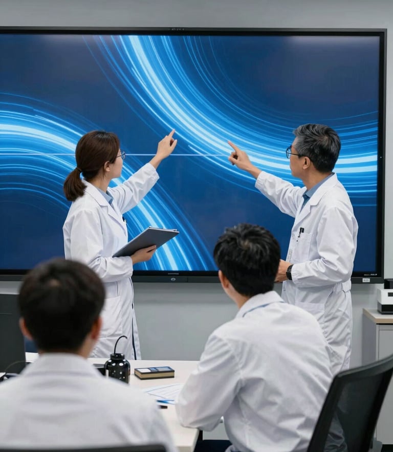 Professional researchers in a modern North American / US office setting, interacting with a large digital screen showing steel blue abstract patterns.
