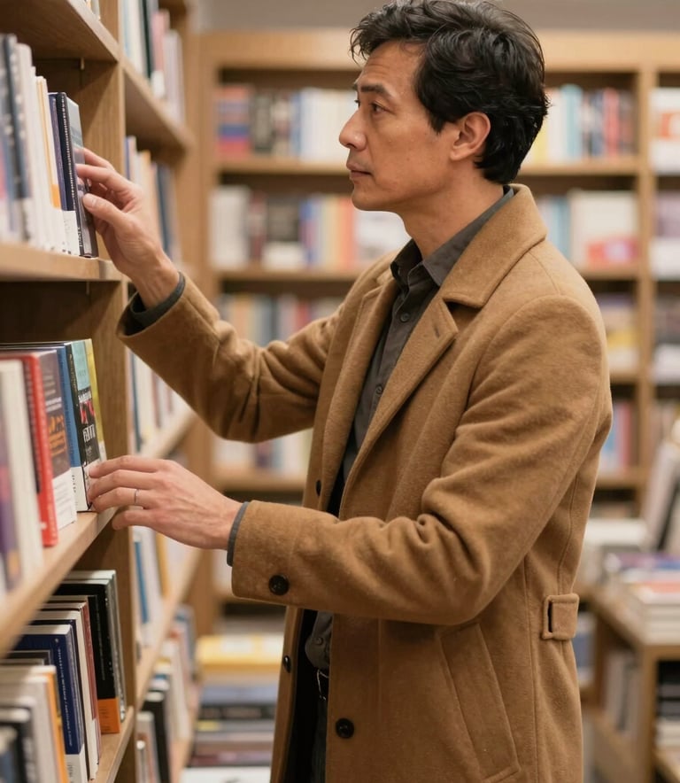A professional author in a North American / US bookstore, looking at a shelf with a sense of accomplishment. They are dressed in a tailored coat of earthy brown. The background is slightly blurred, showing rows of books. The lighting is warm and inviting.