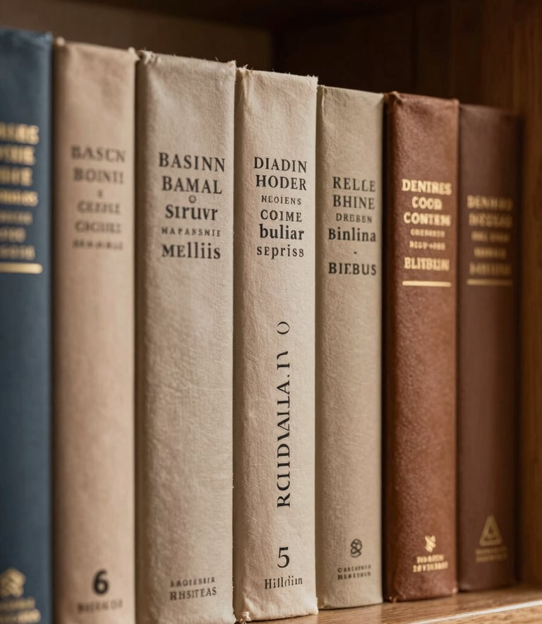 A close-up shot of several elegantly designed book spines on a wooden shelf in a North American / US study. The covers are in warm taupe and earthy brown colors. The lighting is warm and intellectual, focusing on the texture of the paper and the sophisticated typography on the spines.