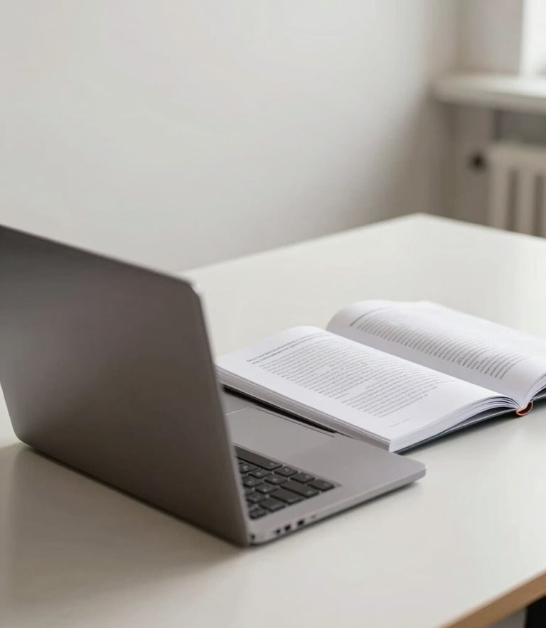 An artistic photograph of an open academic dissertation next to a modern, sleek laptop on a minimalist desk in a North American / US office. The scene is bright with natural light, featuring Soft Off-white and Taupe colors to represent the transition from research to digital manuscript.