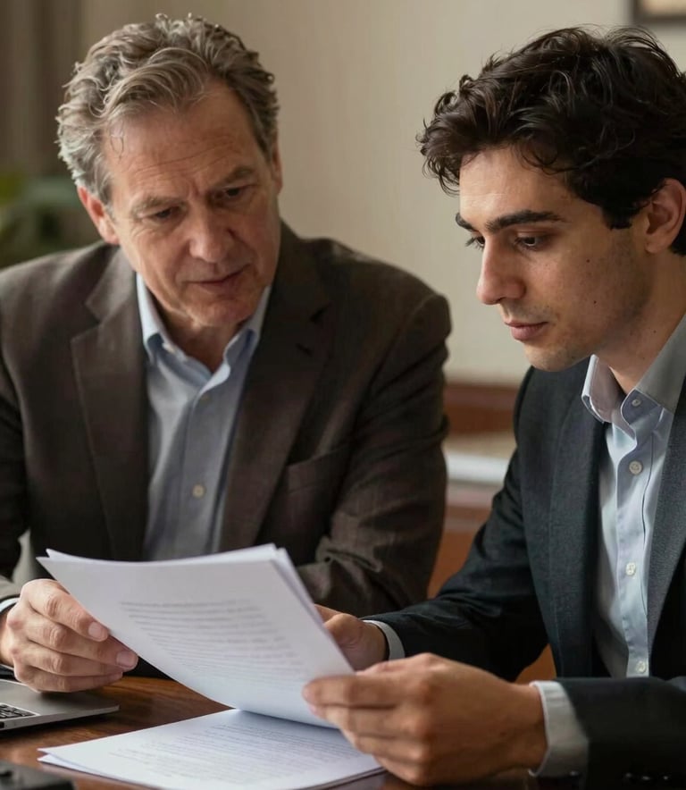 A close-up photograph of a mentor and a scholar reviewing a manuscript together in a sophisticated North American / US academic setting. The desk is made of dark wood, and the room is filled with soft, warm light. The color palette features Muted Brown and Dark Charcoal tones, evoking a sense of expert guidance and intellectual depth.