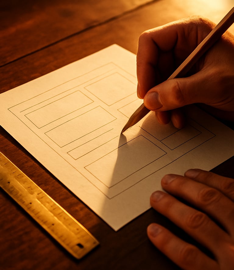 Warm editorial photography, close-up of hands sketching a design layout on a wooden table next to a brass ruler, high-contrast golden-hour light, 35mm film.