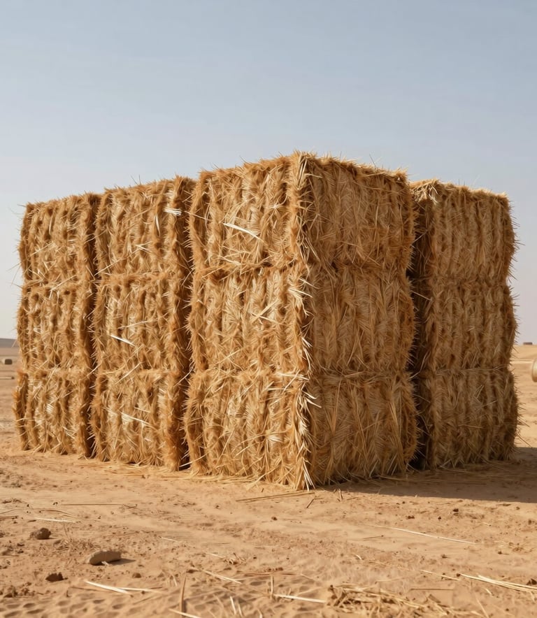 Clean, modern shot of large rectangular wheat straw bales stacked neatly in a vast desert-adjacent field, bright natural lighting, professional and reliable aesthetic.