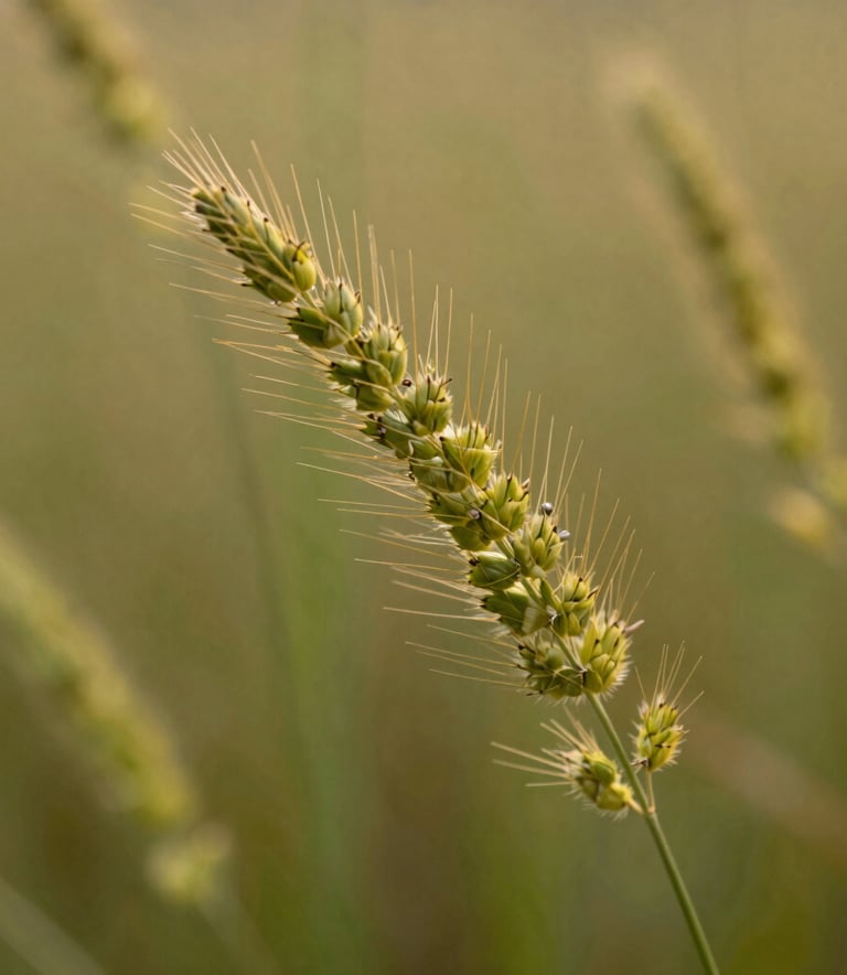 Close-up macro photography of high-quality Rhodes grass with a soft-focus background, highlighting the natural textures and golden-green hues, North American setting.