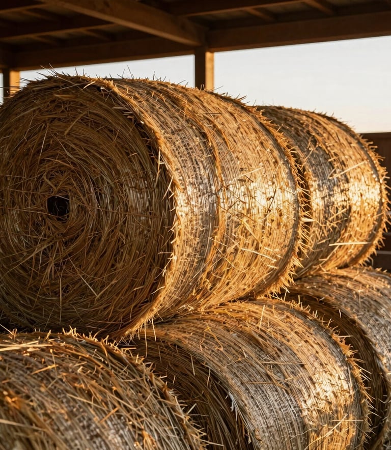 A close-up photograph of high-quality Rhodes grass bales stacked in a barn, warm golden afternoon light filtering through slats, North American / Southwestern US ranch setting.