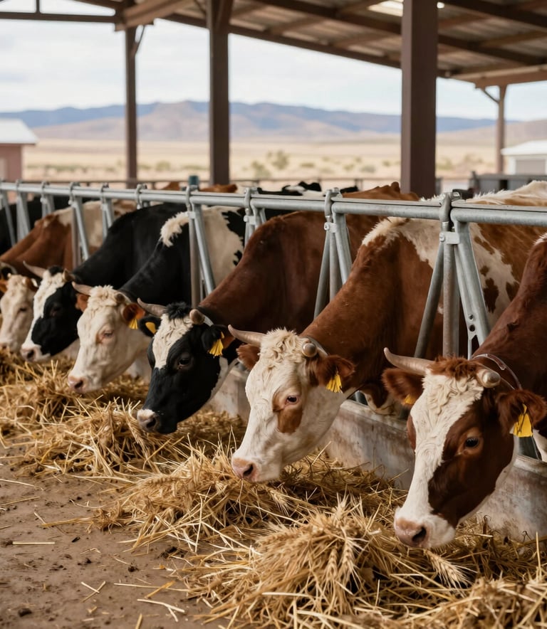A group of healthy cattle feeding on wheat straw in a clean, modern corral, North American / Southwestern US desert landscape in the background, sharp focus.