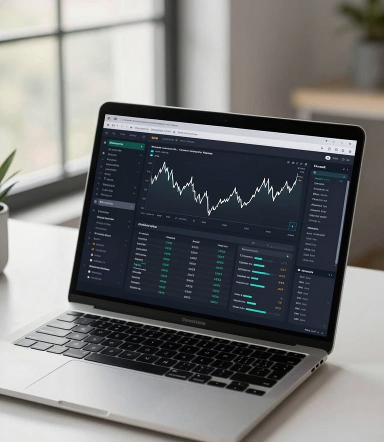 A high-end laptop on a minimalist desk in a bright, modern South American workspace. The screen displays a complex, polished user interface of a financial application, featuring clean lines and a professional dark mode design. The lighting is soft and natural, coming from a large window.